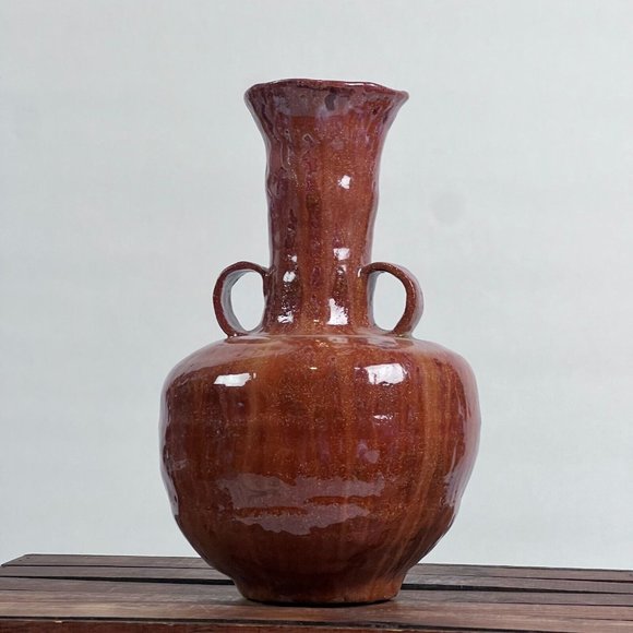 Unique Handmade Handled Pottery Glazed 13" Brown Vase Unsigned - Picture 1 of 7